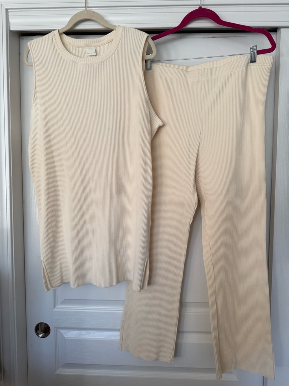 H & M Cream Ribbed Long Sleeveless Top & Wide Leg Pants Set